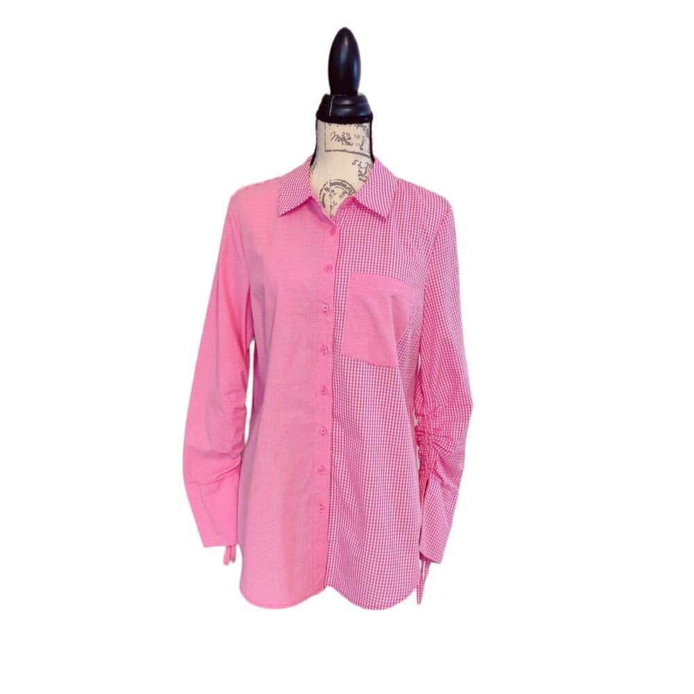 Plaid‎ Asymmetrical Long Sleeve Button Down Shirt Blouse Pink Size L